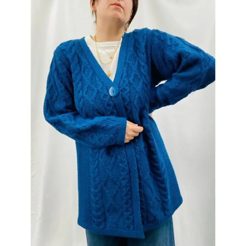 Arancrafts L blue 100% wool cable‎ knit single button long cardigan sweater